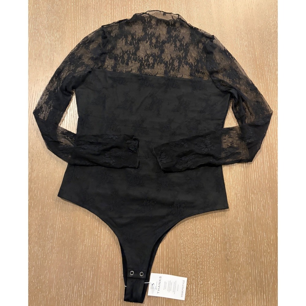 PinknStyle Womens XL Black Lace Mesh Long Sleeve Bodysuit Snap Crotch NWT‎